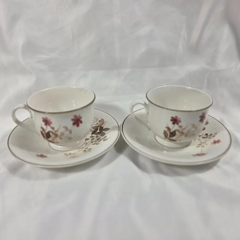 TWO Noritake Versatone Outlook Cup and Saucer Sets Pink Flowers Brown Leaves